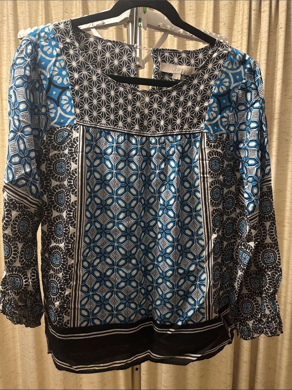 LOFT Blue and Black Geometric Peasant Blouse